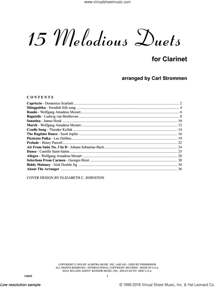 15 Melodious Duets sheet music for clarinet solo by Carl Strommen and Varios, classical score, intermediate skill level