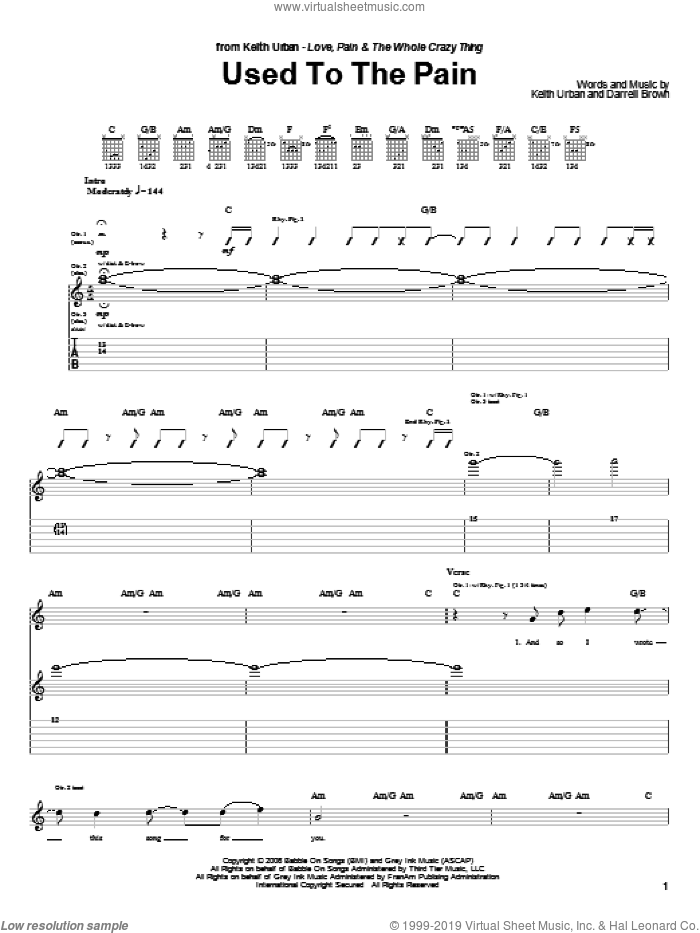Used To The Pain sheet music for guitar (tablature) by Keith Urban and Darrell Brown, intermediate skill level