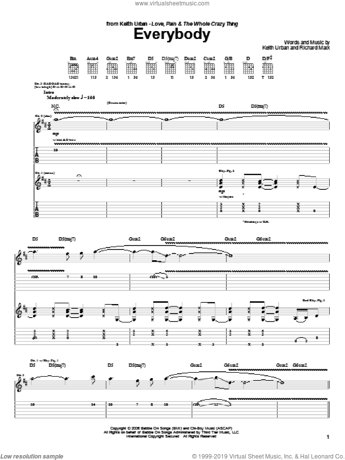 Everybody sheet music for guitar (tablature) by Keith Urban and Richard Marx, intermediate skill level