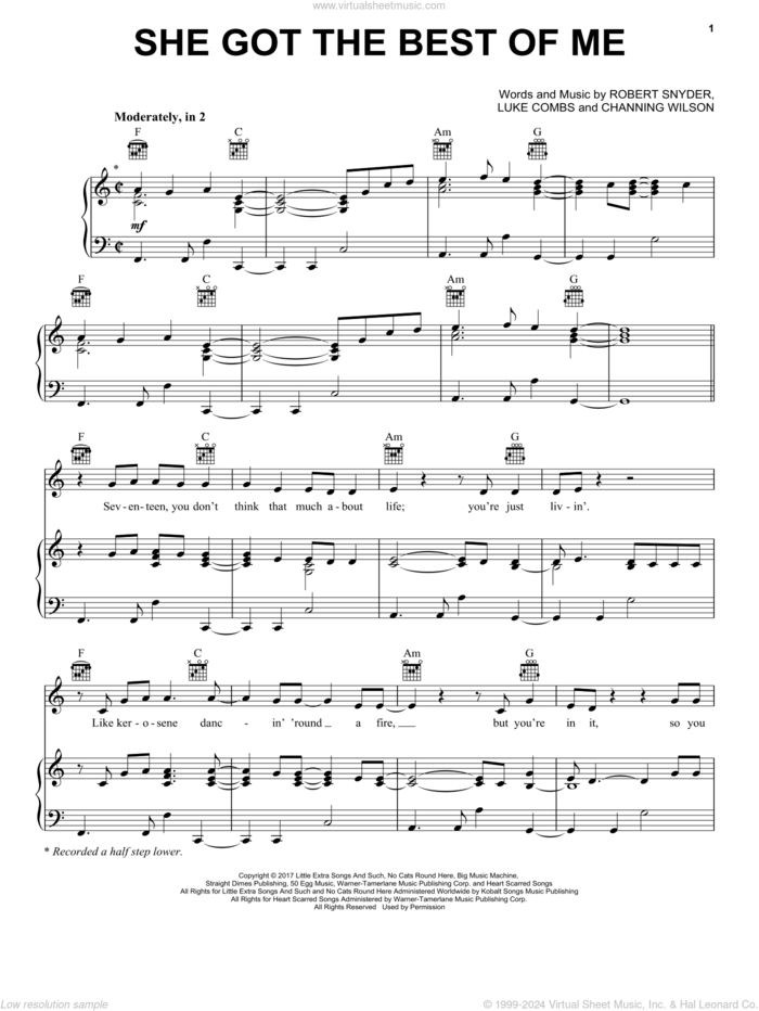 She Got The Best Of Me sheet music for voice, piano or guitar by Luke Combs, Channing Wilson and Robert Snyder, intermediate skill level