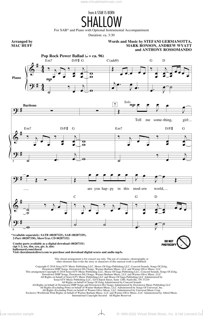 Shallow (from A Star Is Born) (arr. Mac Huff) sheet music for choir (SAB: soprano, alto, bass) by Lady Gaga & Bradley Cooper, Andrew Wyatt, Anthony Rossomando, Lady Gaga and Mark Ronson, intermediate skill level