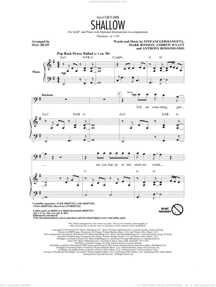 Shallow (from A Star Is Born) (arr. Mac Huff) sheet music for choir (SAB: soprano, alto, bass) by Lady Gaga & Bradley Cooper, Andrew Wyatt, Anthony Rossomando, Lady Gaga and Mark Ronson, intermediate skill level