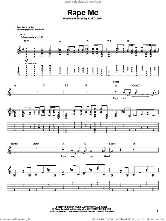 Rape Me sheet music for guitar (tablature, play-along) by Nirvana and Kurt Cobain, intermediate skill level