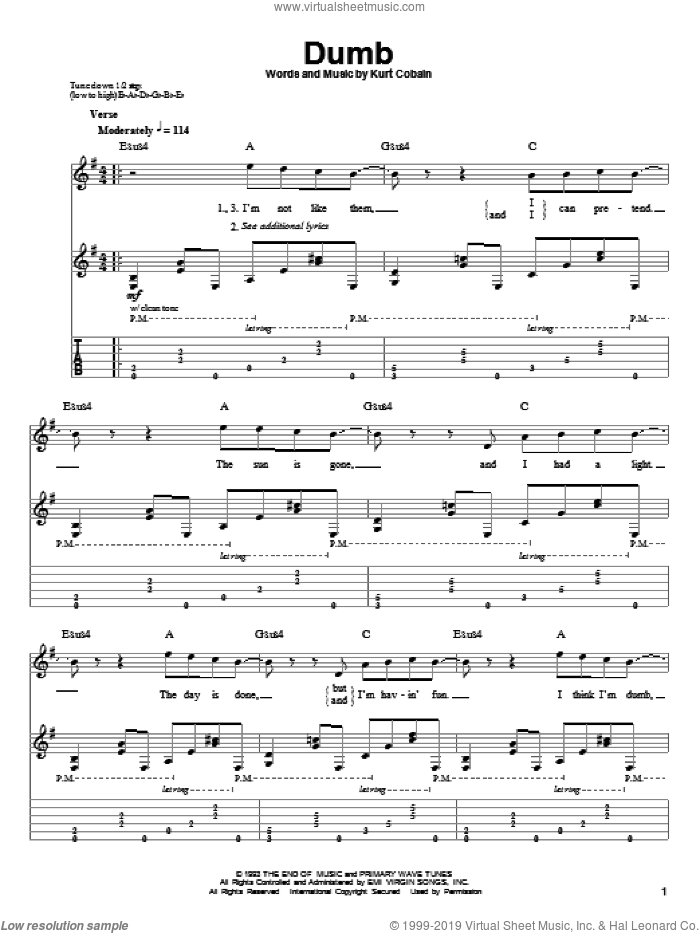 Dumb sheet music for guitar (tablature, play-along) by Nirvana and Kurt Cobain, intermediate skill level