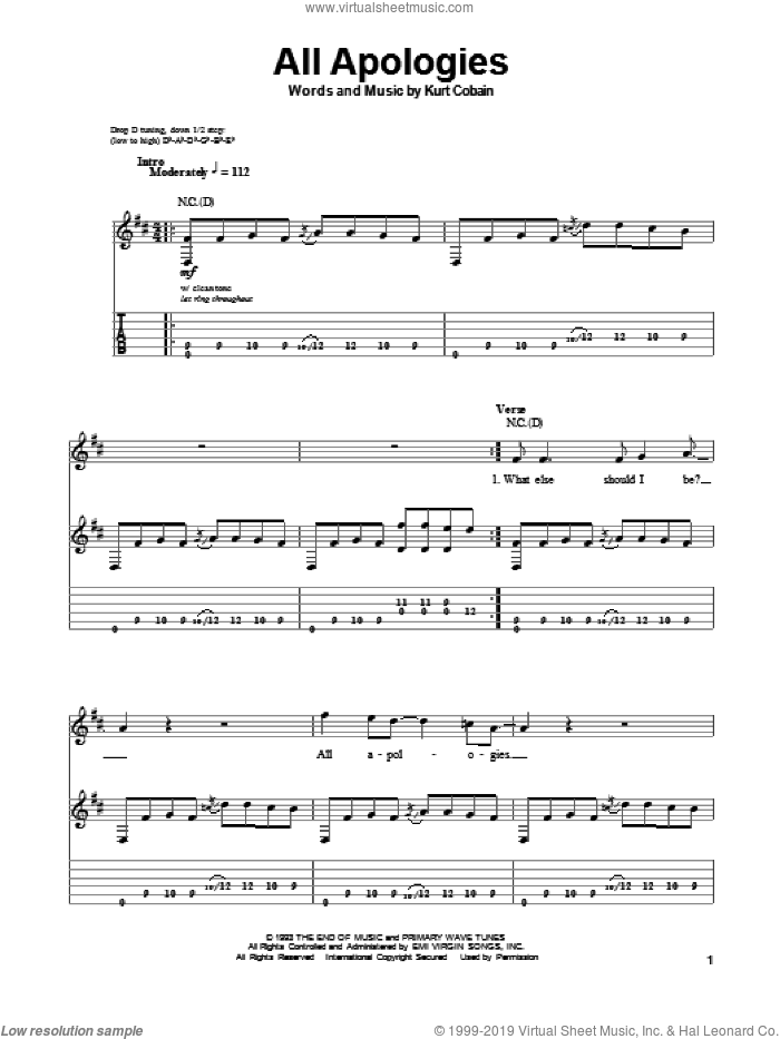 All Apologies sheet music for guitar (tablature, play-along) by Nirvana and Kurt Cobain, intermediate skill level