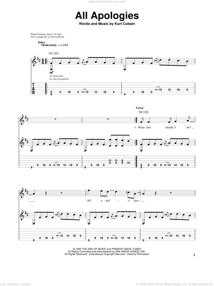 All Apologies sheet music for guitar (tablature, play-along) by Nirvana and Kurt Cobain, intermediate skill level