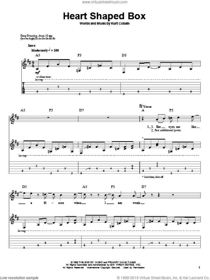 Heart Shaped Box sheet music for guitar (tablature, play-along) by Nirvana, Guitar Hero and Kurt Cobain, intermediate skill level