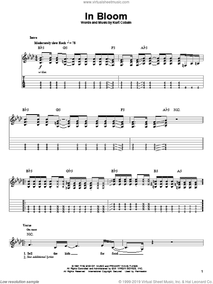 In Bloom sheet music for guitar (tablature, play-along) by Nirvana and Kurt Cobain, intermediate skill level