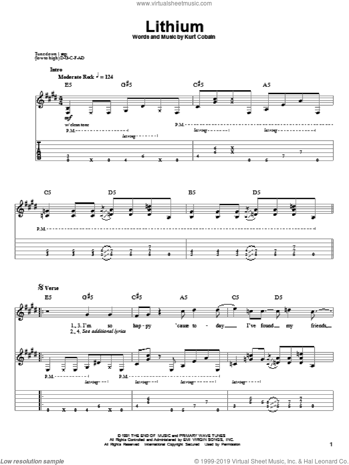 Lithium sheet music for guitar (tablature, play-along) by Nirvana and Kurt Cobain, intermediate skill level