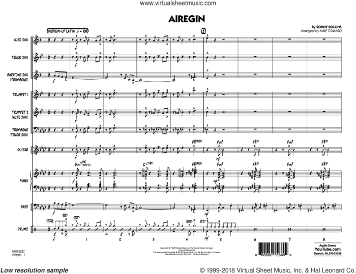 Airegin (arr. Mike Tomaro) (COMPLETE) sheet music for jazz band by John Coltrane, Mike Tomaro and Sonny Rollins, intermediate skill level