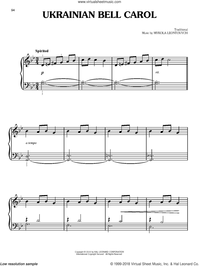 Ukrainian Bell Carol, (easy) sheet music for piano solo  and Mykola Leontovych (arr.), easy skill level