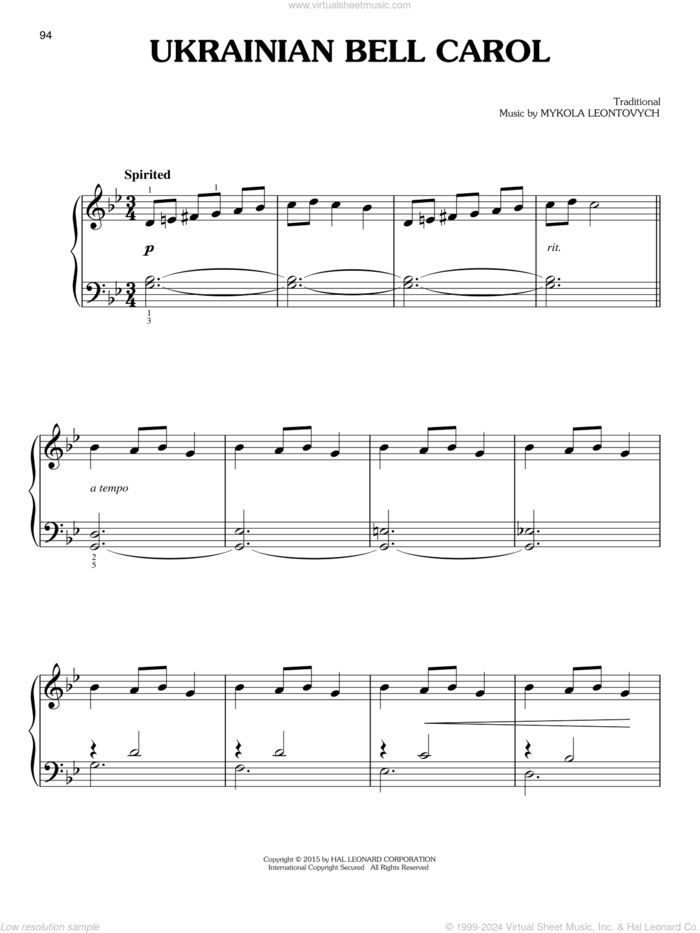 Ukrainian Bell Carol, (easy) sheet music for piano solo  and Mykola Leontovych (arr.), easy skill level