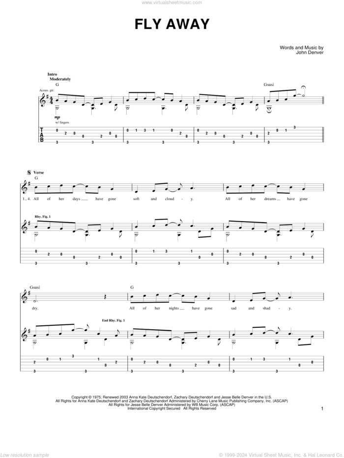 Fly Away sheet music for guitar (tablature) by John Denver, intermediate skill level
