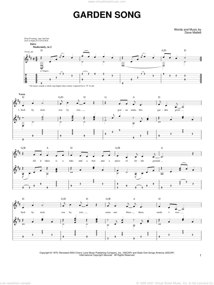 Garden Song sheet music for guitar (tablature) by John Denver and Dave Mallett, intermediate skill level