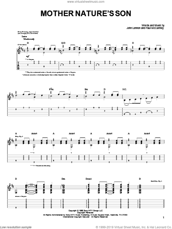 Mother Nature's Son sheet music for guitar (tablature) by John Denver, The Beatles, John Lennon and Paul McCartney, intermediate skill level