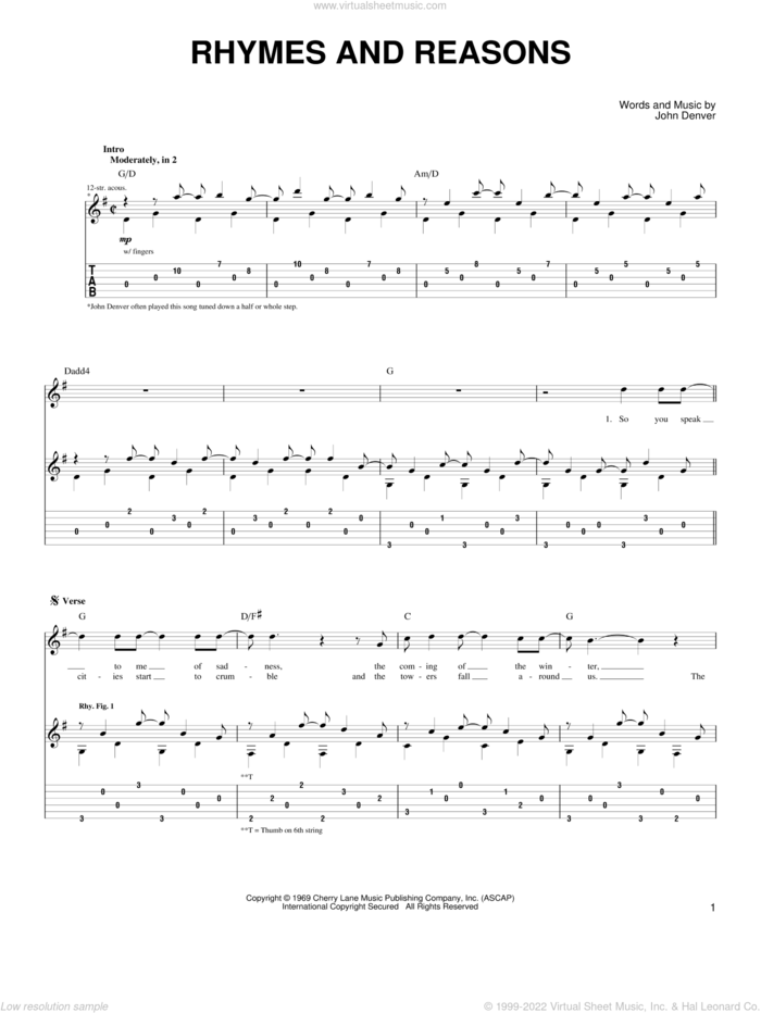 Rhymes And Reasons sheet music for guitar (tablature) by John Denver, intermediate skill level