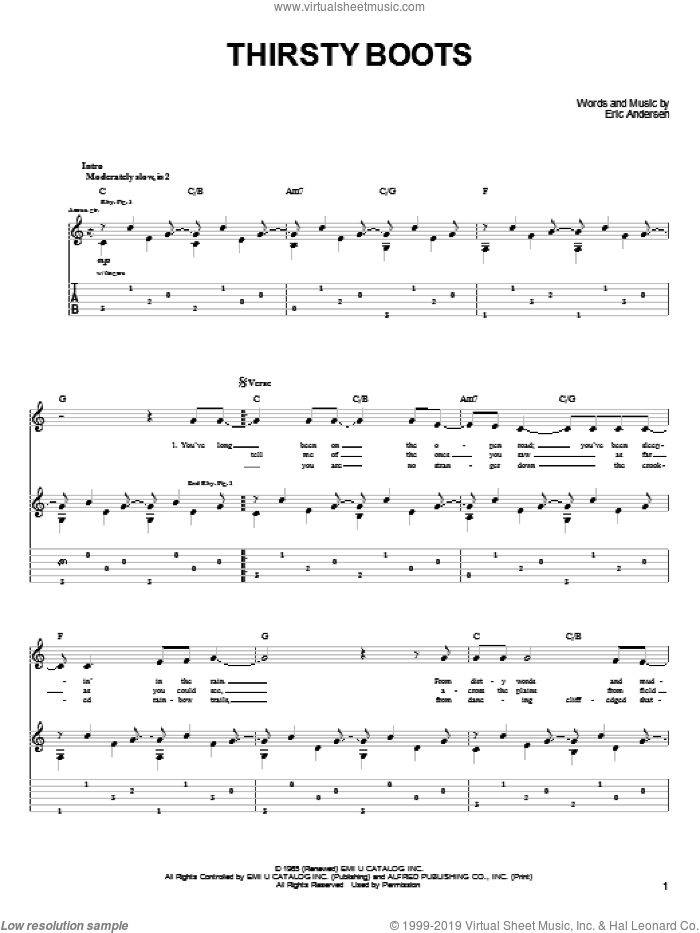 Thirsty Boots sheet music for guitar (tablature) by John Denver and Eric Andersen, intermediate skill level