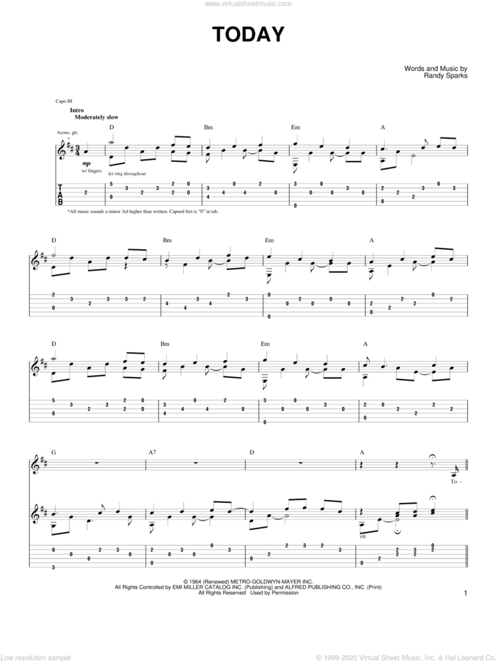 Today sheet music for guitar (tablature) by John Denver and Randy Sparks, intermediate skill level