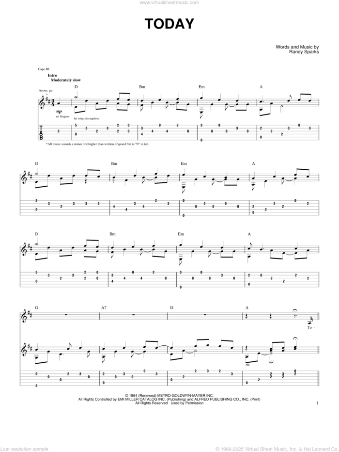 Today sheet music for guitar (tablature) by John Denver and Randy Sparks, intermediate skill level