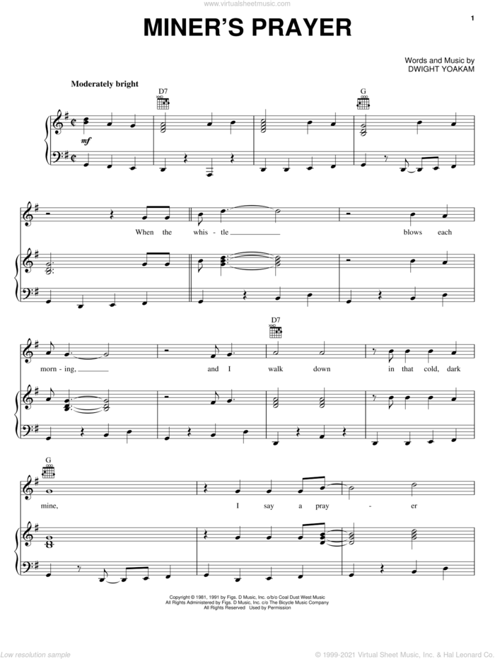Miner's Prayer sheet music for voice, piano or guitar by Dwight Yoakam, intermediate skill level