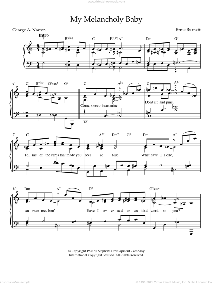 My Melancholy Baby sheet music for piano solo by Ernie Burnett, intermediate skill level