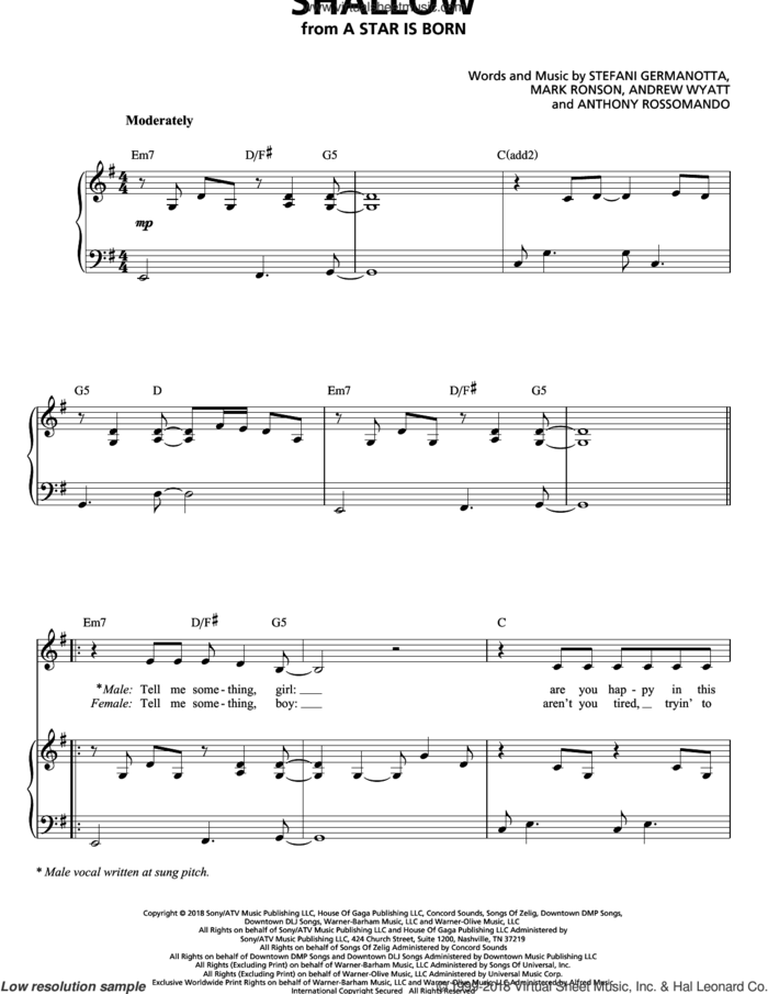 Shallow (from A Star Is Born) sheet music for voice and piano by Lady Gaga & Bradley Cooper, Andrew Wyatt, Anthony Rossomando, Lady Gaga and Mark Ronson, intermediate skill level