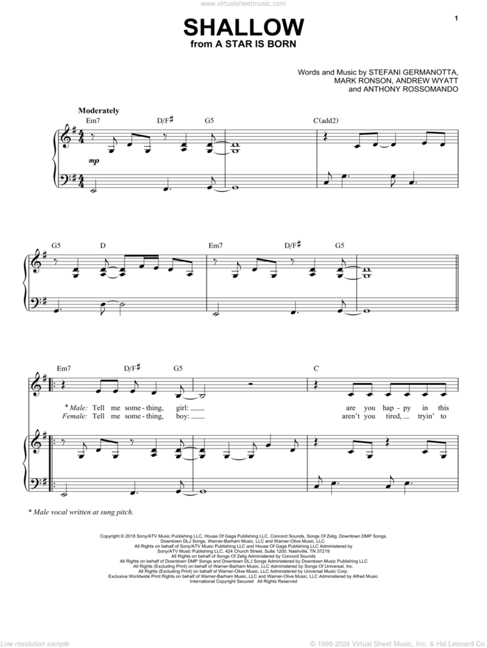 Shallow (from A Star Is Born) sheet music for voice and piano by Lady Gaga & Bradley Cooper, Andrew Wyatt, Anthony Rossomando, Lady Gaga and Mark Ronson, intermediate skill level