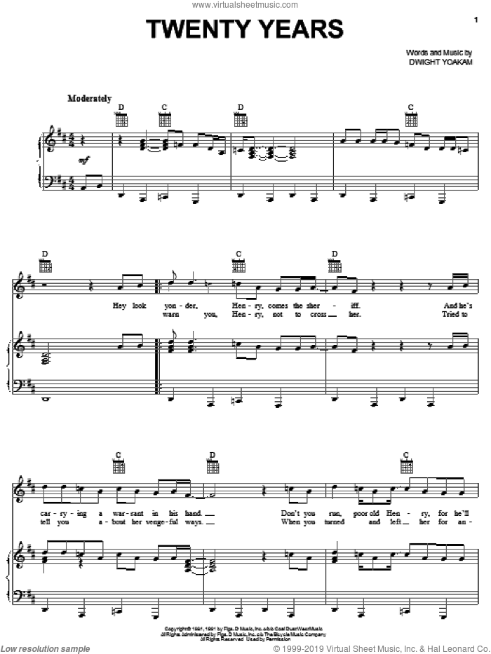 Twenty Years sheet music for voice, piano or guitar by Dwight Yoakam, intermediate skill level