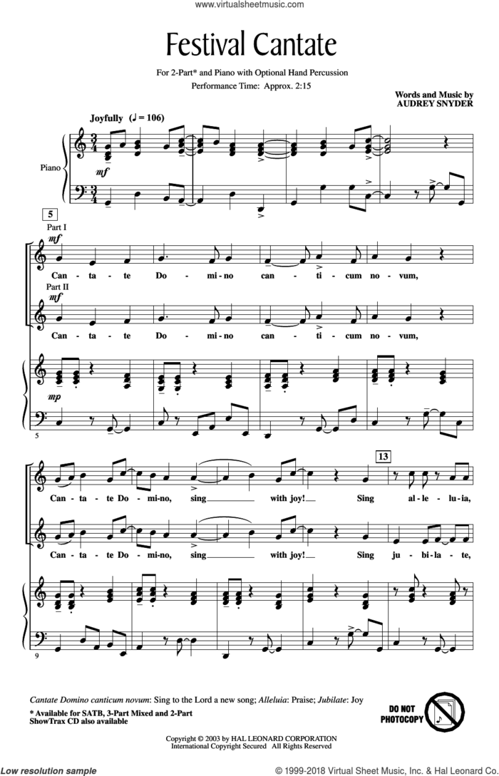 Festival Cantate sheet music for choir (2-Part) by Audrey Snyder, intermediate duet