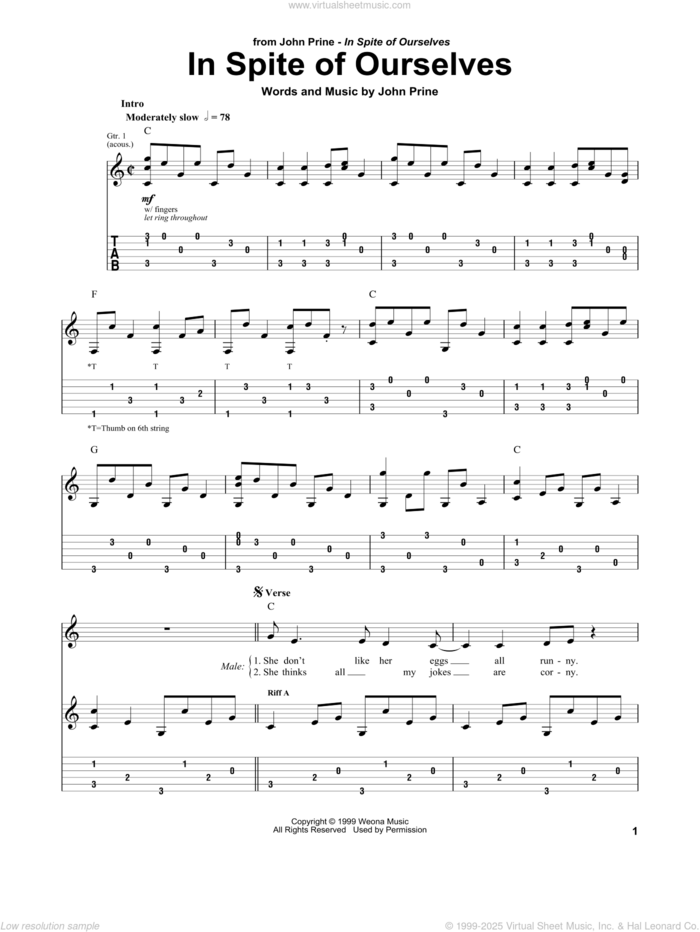 In Spite Of Ourselves sheet music for guitar (tablature) by John Prine, intermediate skill level