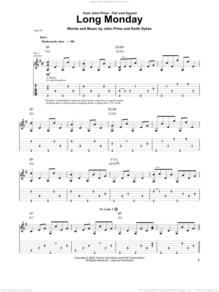 Long Monday sheet music for guitar (tablature) by John Prine and Keith Sykes, intermediate skill level