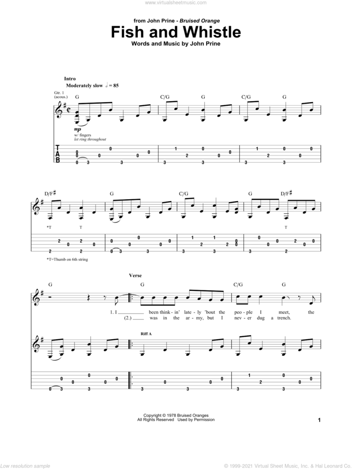Fish And Whistle sheet music for guitar (tablature) by John Prine, intermediate skill level