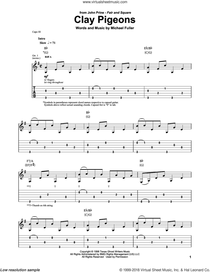 Clay Pigeons sheet music for guitar (tablature) by John Prine and Michael Fuller, intermediate skill level