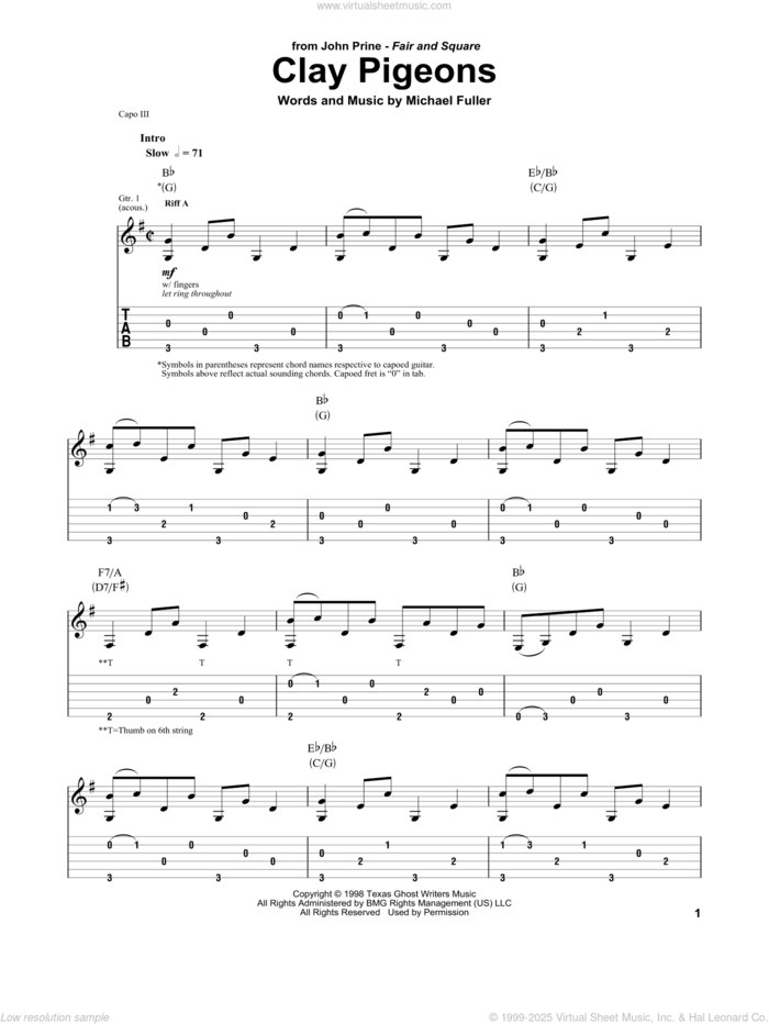 Clay Pigeons sheet music for guitar (tablature) by John Prine and Michael Fuller, intermediate skill level