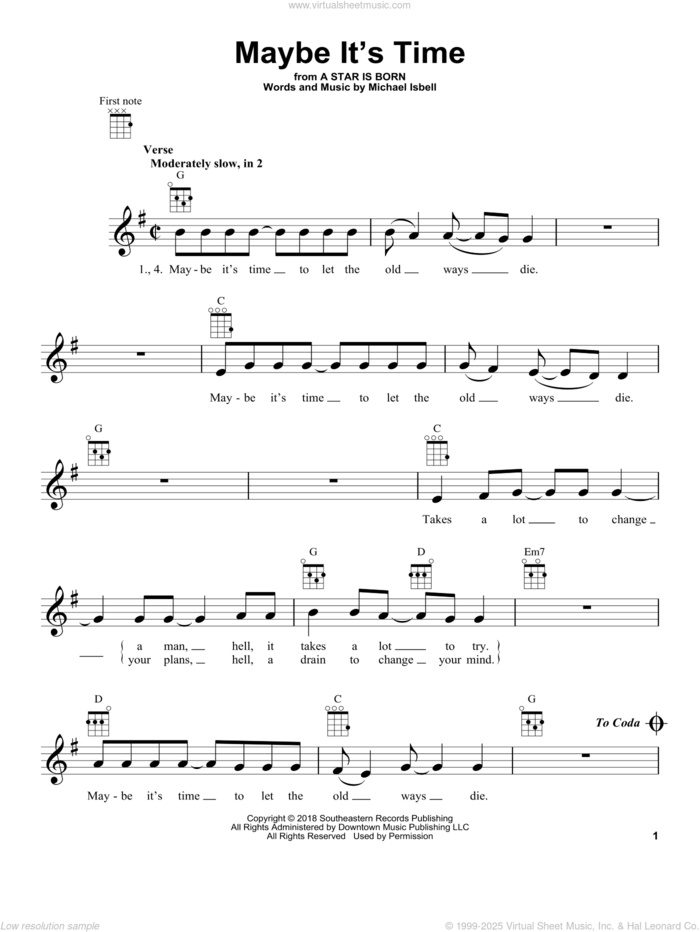 Maybe It's Time (from A Star Is Born) sheet music for ukulele by Bradley Cooper, Lady Gaga, Lukas Nelson and Michael Isbell, intermediate skill level