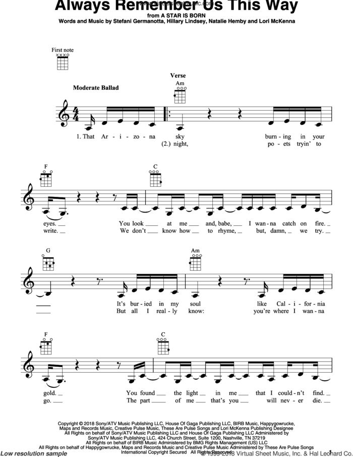 Always Remember Us This Way (from A Star Is Born) sheet music for ukulele by Lady Gaga, Bradley Cooper, Lukas Nelson, Hillary Lindsey, Lori McKenna and Natalie Hemby, intermediate skill level