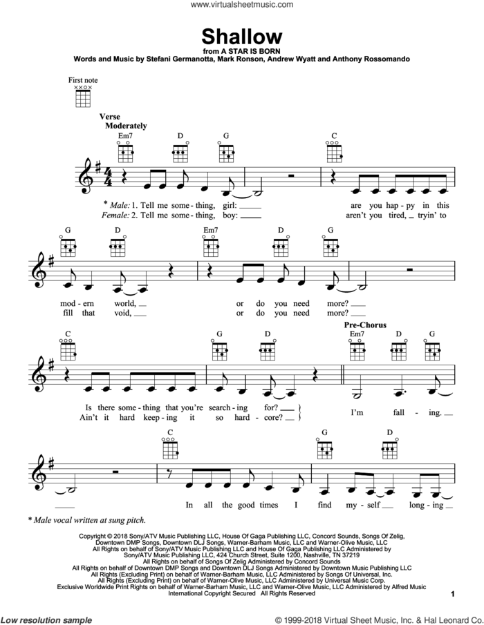 Shallow (from A Star Is Born) sheet music for ukulele by Lady Gaga & Bradley Cooper, Bradley Cooper, Lukas Nelson, Andrew Wyatt, Anthony Rossomando, Lady Gaga and Mark Ronson, intermediate skill level