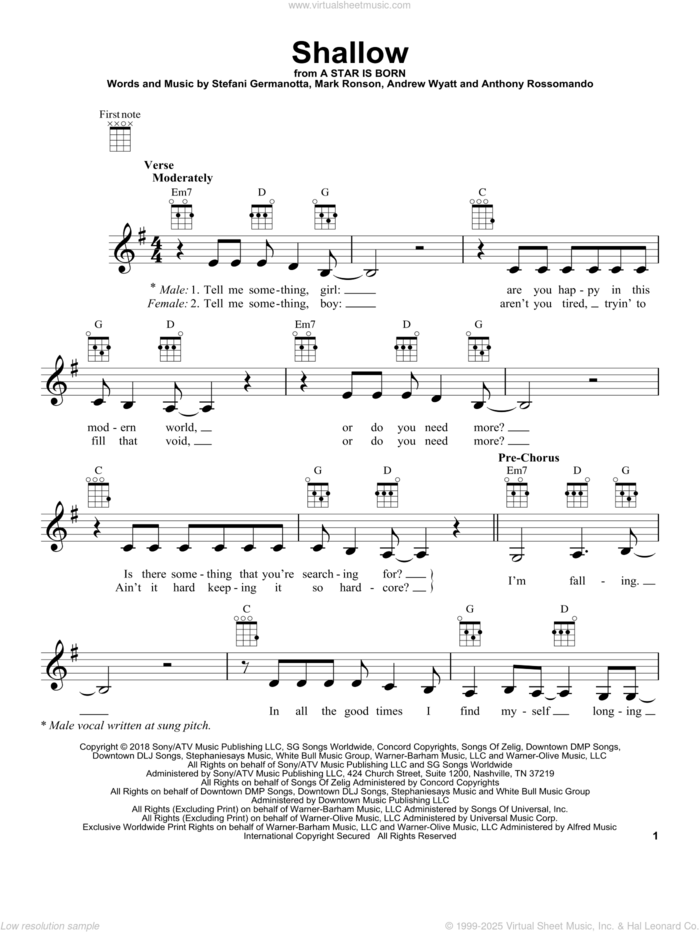 Shallow (from A Star Is Born) sheet music for ukulele by Lady Gaga & Bradley Cooper, Bradley Cooper, Lukas Nelson, Andrew Wyatt, Anthony Rossomando, Lady Gaga and Mark Ronson, intermediate skill level