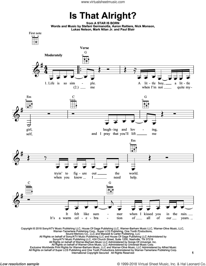 Is That Alright? (from A Star Is Born) sheet music for ukulele by Lady Gaga, Bradley Cooper, Lukas Nelson, Aaron Raitiere, Mark Nilan Jr., Nick Monson and Paul Blair, intermediate skill level