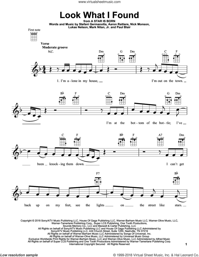 Look What I Found (from A Star Is Born) sheet music for ukulele by Lady Gaga, Bradley Cooper, Lukas Nelson, Aaron Raitiere, Mark Nilan Jr., Nick Monson and Paul Blair, intermediate skill level