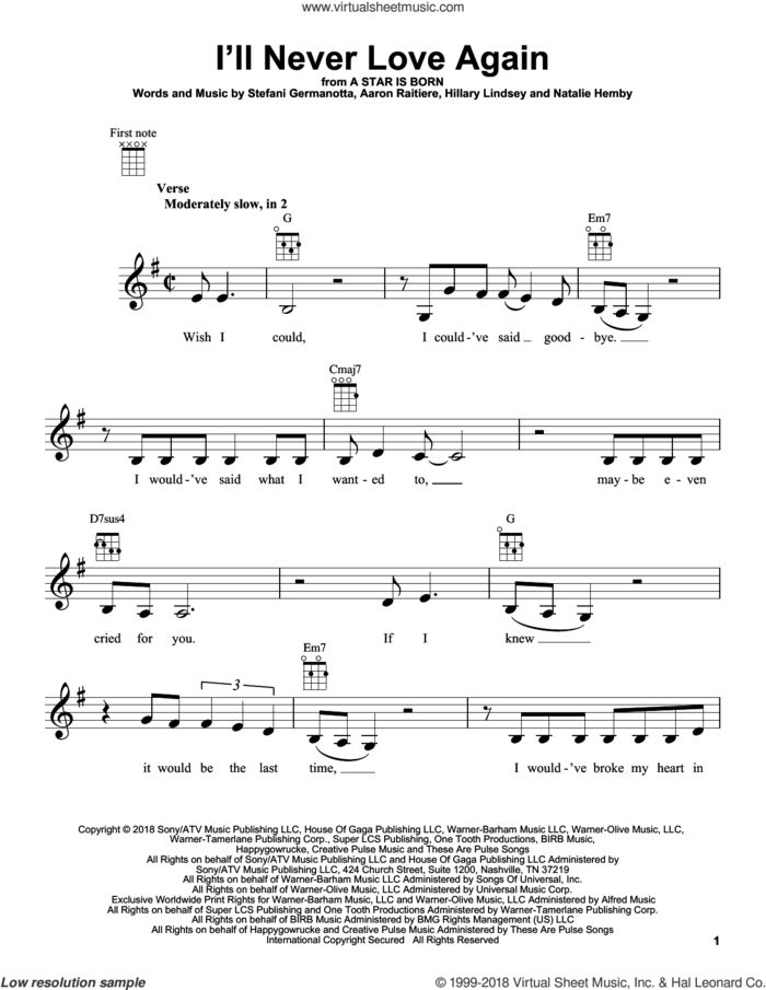 I'll Never Love Again (from A Star Is Born) sheet music for ukulele by Lady Gaga, Lukas Nelson, Aaron Raitiere, Hillary Lindsey and Natalie Hemby, intermediate skill level