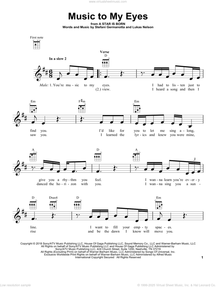 Music To My Eyes (from A Star Is Born) sheet music for ukulele by Lady Gaga & Bradley Cooper, Bradley Cooper, Lukas Nelson and Lady Gaga, intermediate skill level