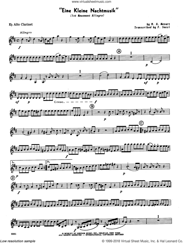 Eine Kleine Nachtmusik (1st Movement, allegro) (arr. frank sacci) sheet music for wind ensemble (Eb alto clarinet) by Wolfgang Mozart and Frank Sacci, classical wedding score, intermediate skill level