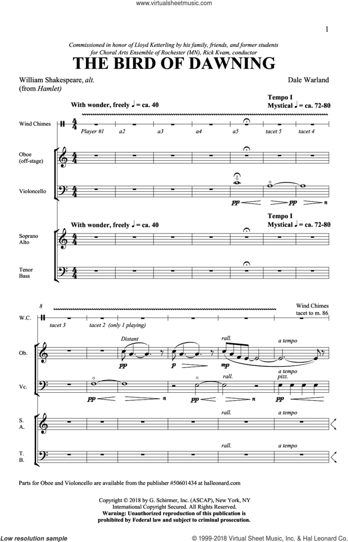 Bird Of Dawning sheet music for choir (SATB: soprano, alto, tenor, bass) by Dale Warland and William Shakespeare, intermediate skill level