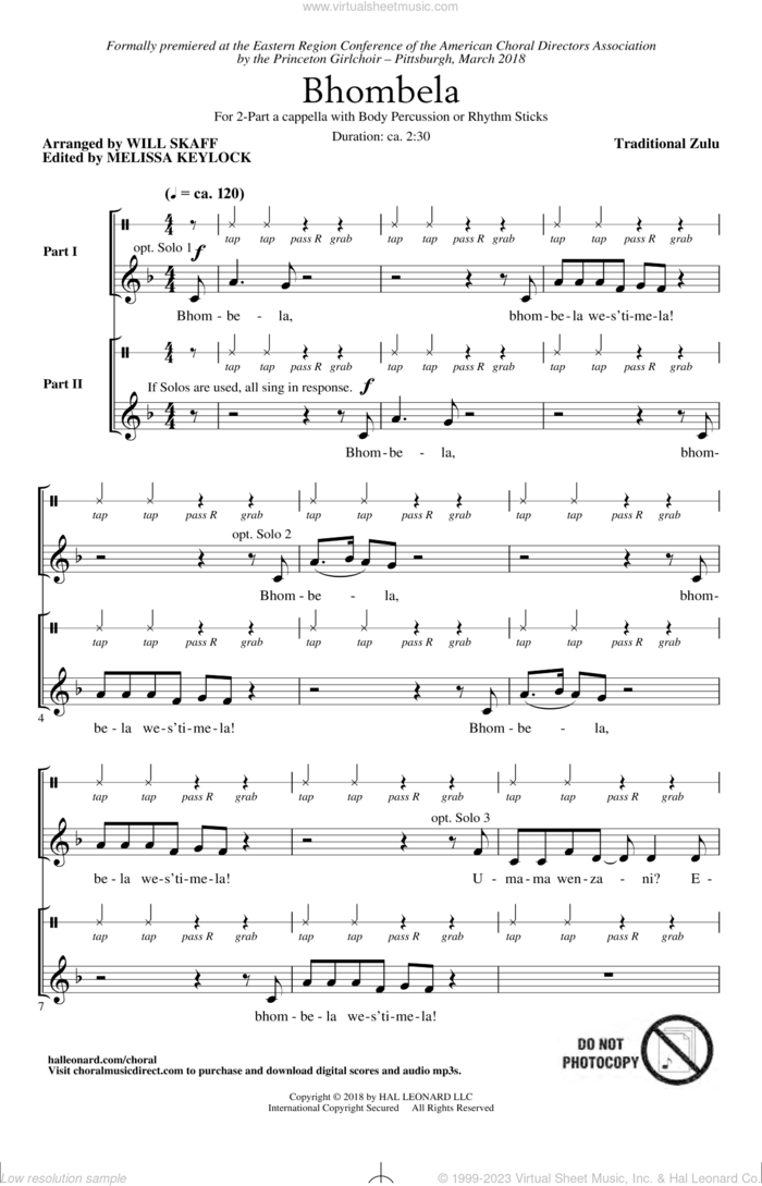 Bhombela (arr. Will Skaff) sheet music for choir (2-Part) by Traditional Zulu, Will Skaff and Melissa Keylock, intermediate duet