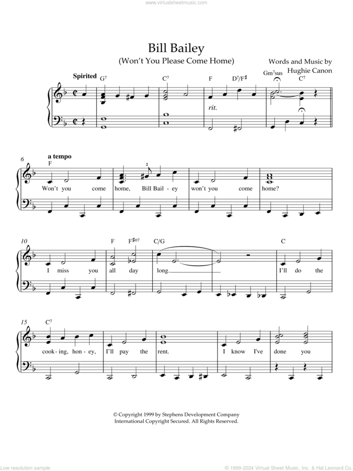 Bill Bailey (Won't You Please Come Home) sheet music for piano solo by Johann Pachelbel, intermediate skill level