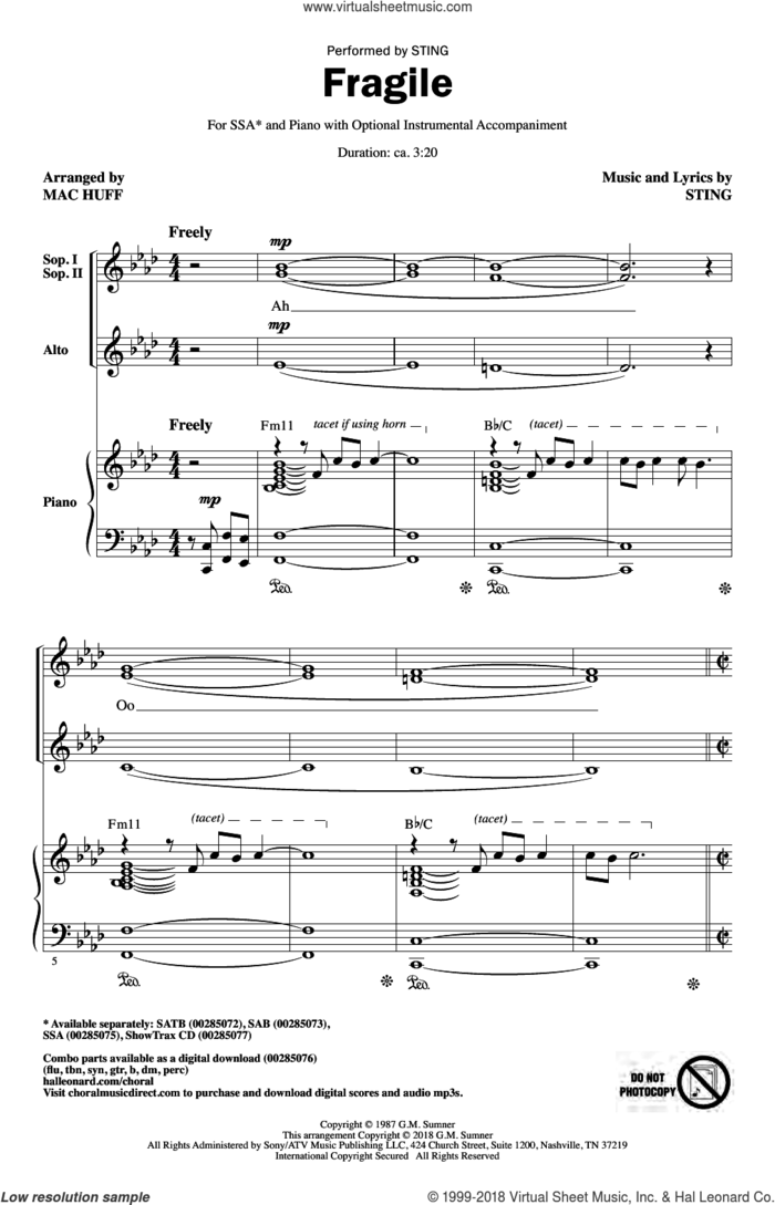 Fragile (arr. Mac Huff) sheet music for choir (SSA: soprano, alto) by Sting and Mac Huff, intermediate skill level