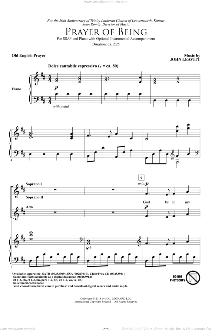 Prayer Of Being sheet music for choir (SSA: soprano, alto) by John Leavitt and Old English Prayer, intermediate skill level