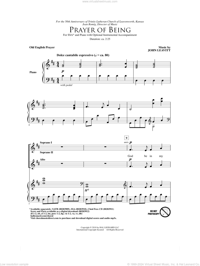 Prayer Of Being sheet music for choir (SSA: soprano, alto) by John Leavitt and Old English Prayer, intermediate skill level