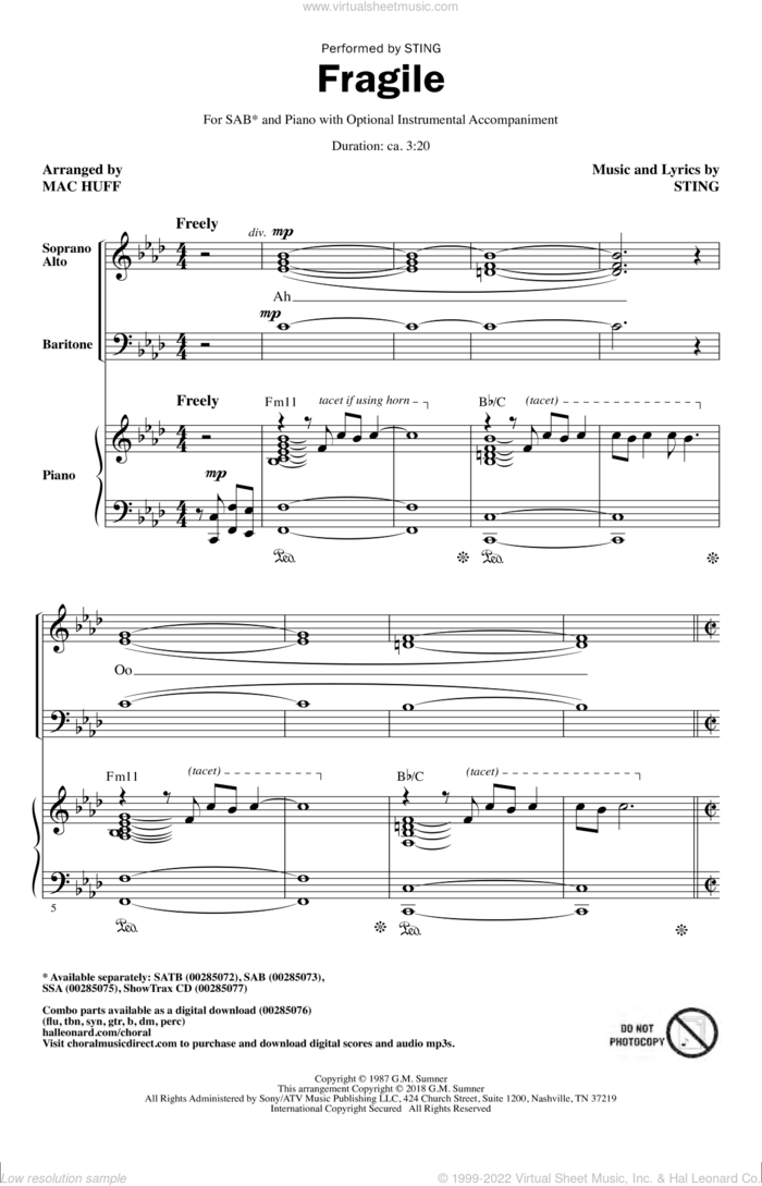 Fragile (arr. Mac Huff) sheet music for choir (SAB: soprano, alto, bass) by Sting and Mac Huff, intermediate skill level